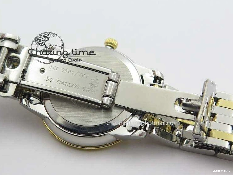 0124 HighQuality De Ville 27mm SS YG Ladies MK 1:1 Best Edition Blue Dial Diamond Markers On SS Bracelet Ronda Quartz 8186